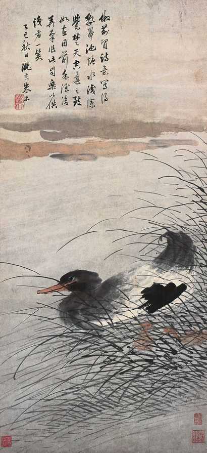 朱本 鸭 立轴